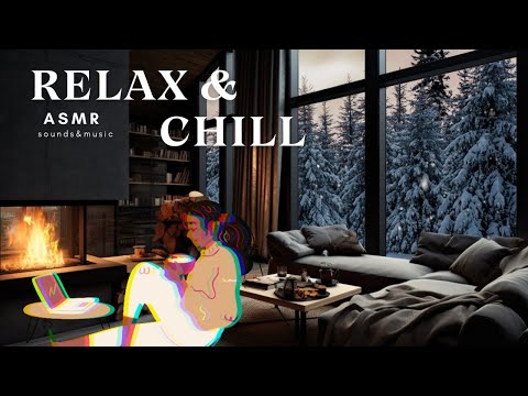 Cozy Ambience Winter House Crackling Fire and Snow Falling | Winter Asmr Ambience | Relaxing Music