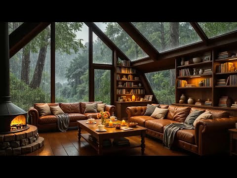 Warm Jazz Music for Deep Relaxation ⛈️ Cozy Reading Nook with Crackling Fireplace & Rain Sounds