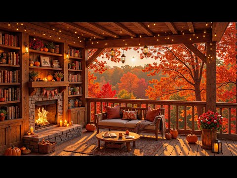 Peaceful Autumn Morning with Smooth Jazz 🍂 Cozy Porch Ambience & Fireplace Sounds for Reading, Study