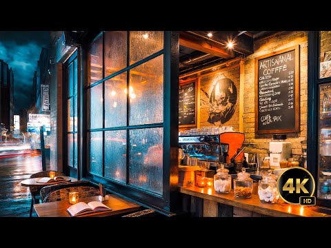 4K Small Cozy Coffee Shop while Smooth Piano Jazz Music for Relaxing, Studying and Working Playing