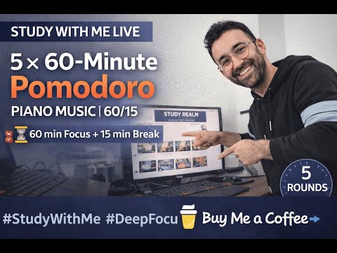 LIVE Study With Me 🎹 Piano Music | 5× Pomodoro 60/15 + Final Q&A
