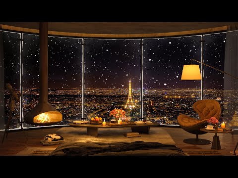 Cozy Bedroom at Paris with Winter Jazz Music ❄ Snowing Ambience & Warm Fireplace Sounds for Sleep
