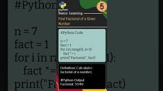 Ex. 5: Factorial of a number. #Python #PythonProgramming #LearnPython #PythonReels #PythonBasics