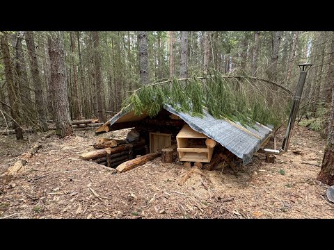 I'm warming and masking a log cabin underground! Build Secret Shelter. Solo Bushcraft