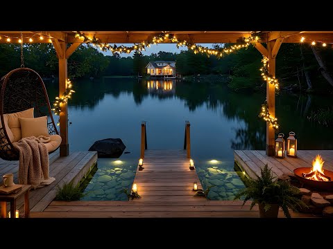 Cozy Porch Lake House 4K | Spring Night Ambience | Lake & Fire Sounds | Sleep, Relax, Study, Read