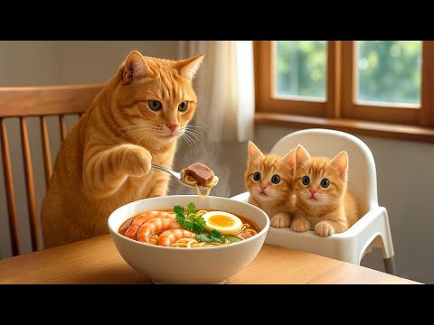 Mama Cat buys Meat from the Market, Comes Home and makes Beef Ramen for Kitten 🐾❤️