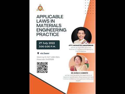 Applicable Laws in Materials Engineering Practice - MatE 15 Webinar Series