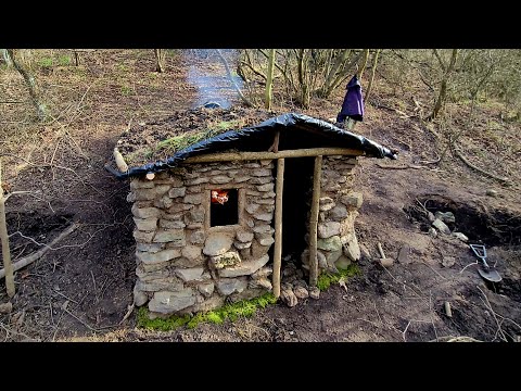 Building a Stone SHELTER With a Fireplace Crafting a Cozy cabin