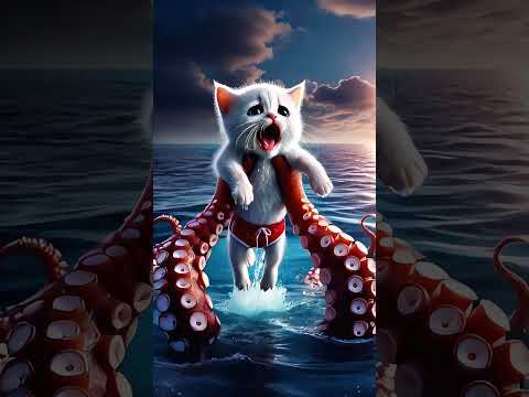 🐾The kitten fell into the water! 🐱🚨 Brave cat dad fights with big octopus 🐙💥 #ai #story #catshorts