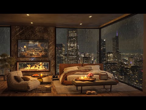 Rain Night & Relaxing Piano Jazz Music in Luxury Chicago Bedroom for Stress Relief and Sleeping 😴