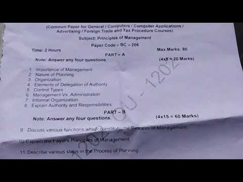 Principles of Management,B.Com 1st year,2nd semester(CBCS) 2020 question paper, Osmania university.