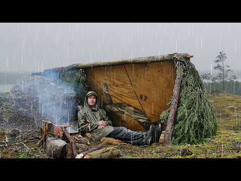 Camping in Heavy RAIN: Building a Tarp Shelter on top of a Hill