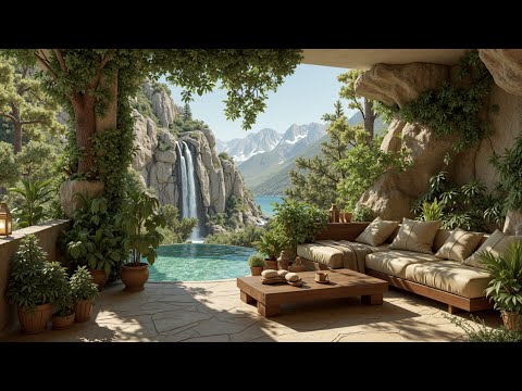 February Jazz Oasis | Forest Coffee Shop Ambience & Waterfall Views ~ Relaxing Jazz Vibes