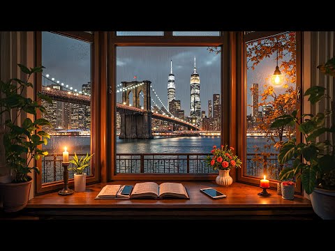 Relaxing Chill Rainy Jazz at Night in NYC 🗽 Coffee Shop Ambience & City Views for Work, Study