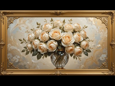 Gold Framed Vintage | Elegant White Roses Artwork | TV Screensaver Art | Opulent Gold Framed Display