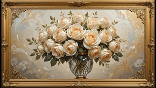 Gold Framed Vintage | Elegant White Roses Artwork | TV Screensaver Art | Opulent Gold Framed Display