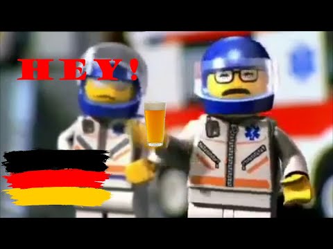 A man has fallen into the river in Lego City but it's google translate in German.