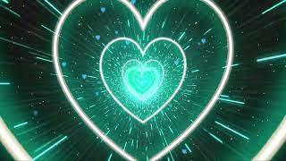 Cyan Neon Lights Heart Tunnel Background with Flying Particles