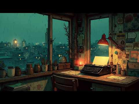 Rainy Night Lofi Chill ~ Cozy Study Music with City Lights & Typewriter Sounds