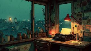 Rainy Night Lofi Chill ~ Cozy Study Music with City Lights & Typewriter Sounds