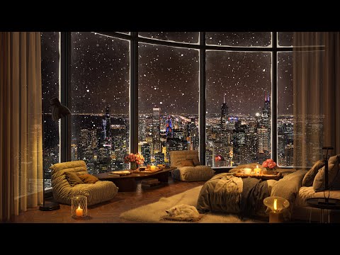 Cozy Bedroom at Los Angeles on Night Snowing ❄ Winter Jazz Music & Warm Fireplace Sounds for Sleep