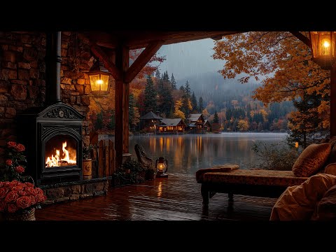 Autumn Lakeside Porch Vibes 🍂 Smooth Piano Jazz & Fireplace, Rain Sounds for Relaxation Moods