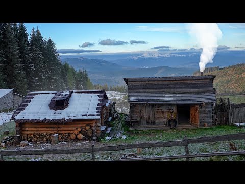 Two days in a mountain log cabin far from people, First snow, Solo overnight in the woods