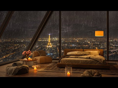 Rain Night 😴 Sleep Soundly with Jazz Music in Cozy Paris Bedroom Ambience for Stress Relief & Sleep
