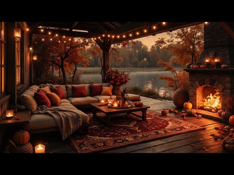 Relaxing Autumn Rainfall with Smooth Jazz Music on Cozy Porch Lakeside 🍂 Fireplace Sounds for Unwind
