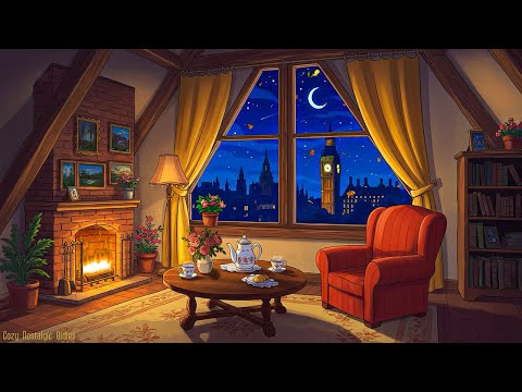 calm night in a in grandma's cozy cottage 1920s london | oldies playing in another room for unwind