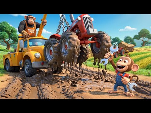 Baby Monkey and Dad Save a Tiny Tractor from the Mud | Kids Storytime