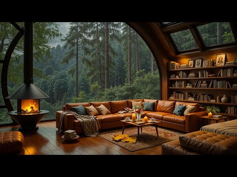 Jazz Relaxing Music for Work, Study - Rainy Day Jazz at Cozy Room Ambience with Fireplace Sounds