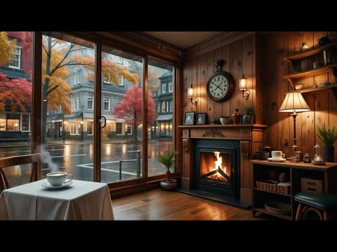 Autumn Rainy Street Jazz ☔ Cozy Piano & Fireplace Ambience for Relaxing | Cozy Coffee Jazz