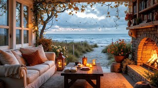 Autumn Beach Cottage with Crackling Fire & Ocean Waves 🌊🔥 | Peaceful Porch Ambience for Relaxation