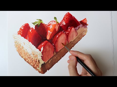 How to paint a realistic Strawberry Tart in watercolor:Food illustration