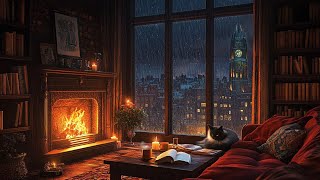 Rainy Day Study with Jazz Piano 🎶☕ | Cozy Library & Crackling Fire for Sleep & Relax