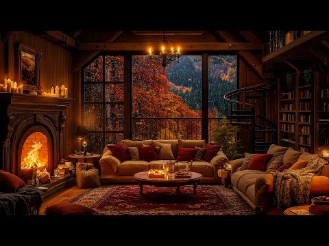 Serene Autumn Jazz 🍂 Firelight and Rain Sounds the Under Cozy Cabin Ambience for Peaceful Moments