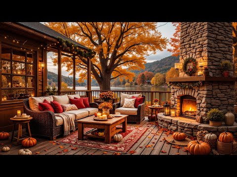 Warm Autumn Jazz Piano Music 🔥 Fireplace Ambience on a Peaceful Lakeside Porch for Relax & Study