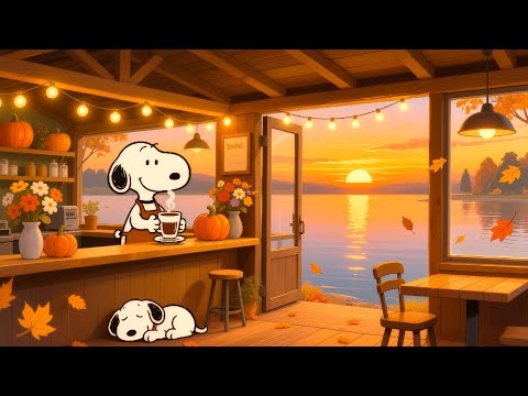 An Autumn Sunset at Snoopy’s Cozy Lakeside Café ☕ | Warm Lofi Beats for Reading, Study & Relaxation