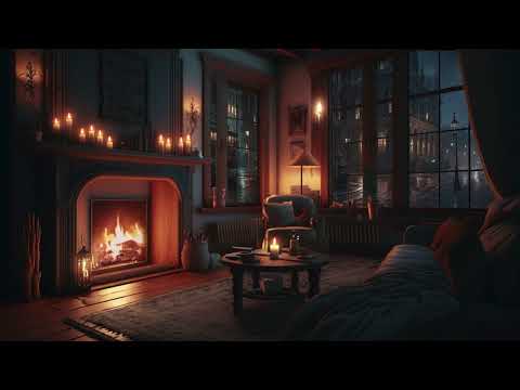 Rain and Fireplace Ambience in a Cozy Living Room — Deep Sleep, Stress Relief & Calm Mind Sounds