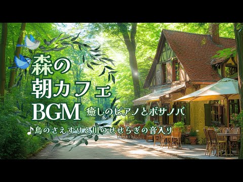森の朝カフェBGM 癒しのピアノとボサノバ ♪鳥の声・川のせせらぎ音入り♪【カフェBGM】