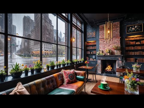 Rainy City Coffee Shop Ambience ☕Cozy Morning | Winter to Spring Ambient Rain & Fire Sleep Sounds