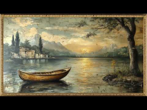 Golden Lake Sunset Painting | Tranquil Vintage Landscape TV Screen Wallpaper