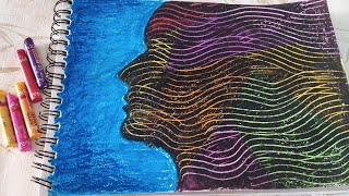 Oil Pastels Scraping Technique/ Wind in Her Hair
