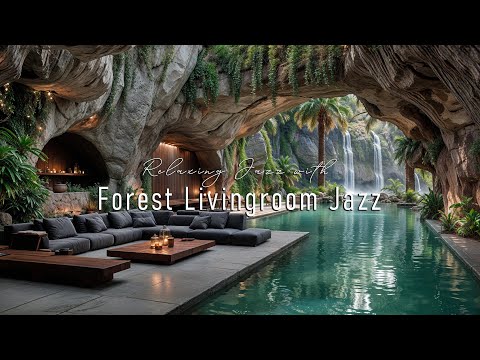 Forest Living Room Jazz Ambience By The Waterfall | Gentle Jazz & Nature Sounds For Focus, Studying