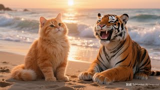 Cat & Tiger’s Beach Adventure 🐱🐯 | Funny AI Animation