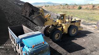 Amazing Cat 992C Wheel Loader Loading Coal On Trucks, Operator (POV), & Drone - 4k - S.G.M Melidis