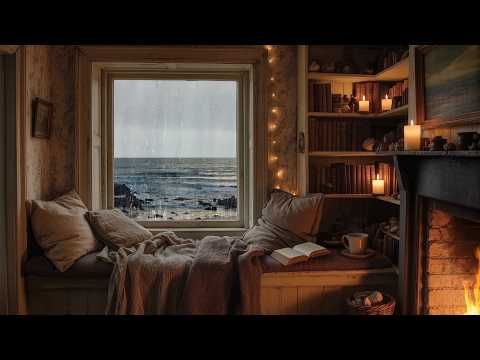 Rainy Seaside Cottage 🌧️🌊 12 Hours | Cozy New England Fireplace Late Winter | Sleep, Study, Focus