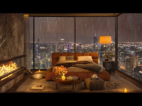 🔥 Crackling Fireplace in a Cozy Bedroom Ambience on Rainy Night 🌧️ Smooth Piano Jazz Music for Sleep