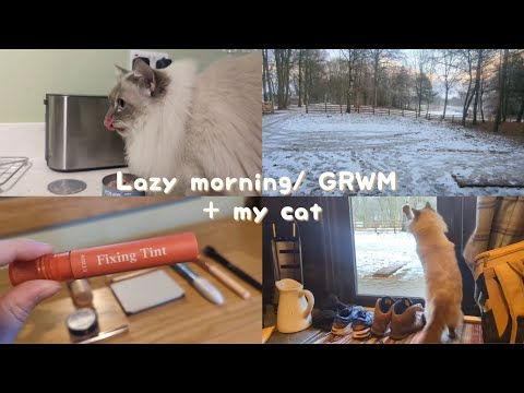 Lazy morning/ GRWM + my cat ~ log cabin, doing makeup, kitty company for when you're lonely